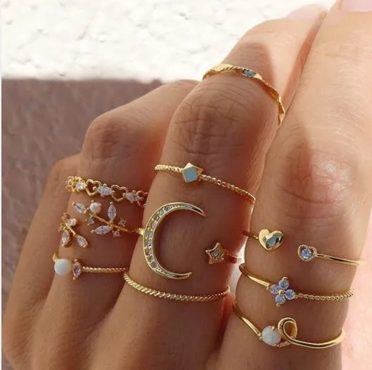 

Aporola Star Moon 9-piece Ring Set Retro Simple Alloy Zircon Hexagram Opening Adjustable Joint Ring Set Ladies Jewelry Gift