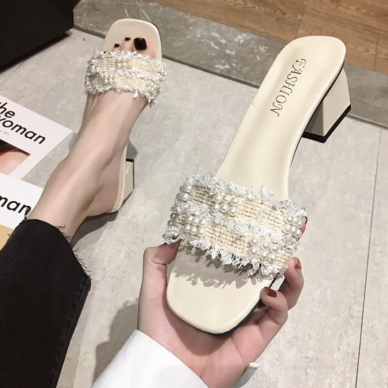 

Shoes Low Ladies' Slippers Square heel Luxury Slides Slipers Women Heeled Mules Pointed Toe Block Designer 2023 High Soft PU Rub