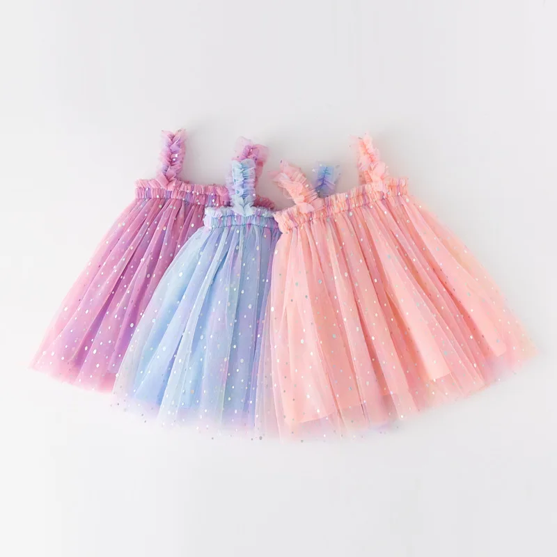 

2023 New Baby Girl Dress Fashion Cute Baby Clothes Polka Dot Fantasy Rainbow Sling Mesh Puffy Skirt Sweet Princess Dresses12M-6Y