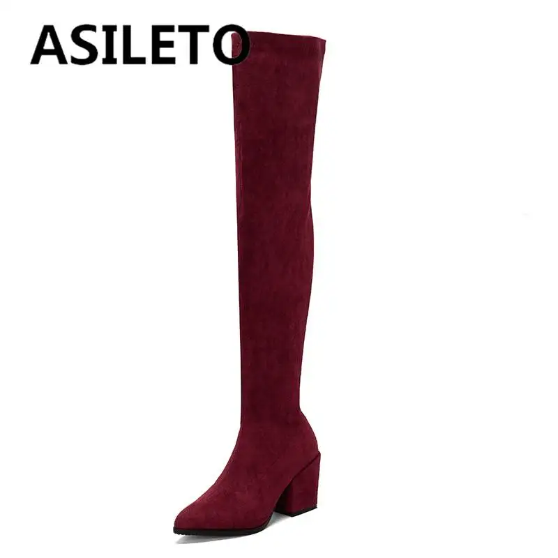 

ASILETO Winter Thigh Boots 58cm Shaft Block Heels 8cm Pointed Toe Flock Suede Zipper Big Size 34-48 Solid Concise Sexy Womens
