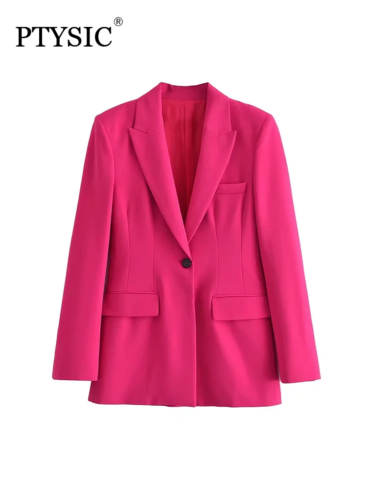 

PTYSIC Women Fashion Single Button Fitted Blazer Jacket 2022 New Long Sleeve Flap Pockets For Office Lady Coat Outerwear