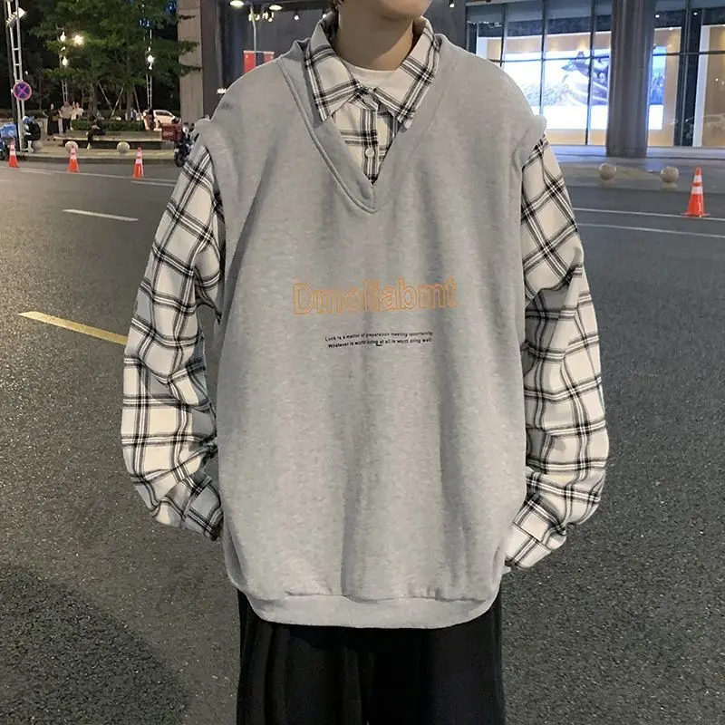 

Fake Two Piece Sweater Autumn Men's Casual Korean Loose Polo Neck Long Sleeve Tops Loose Harajuku Streetwear Vintage Clothing