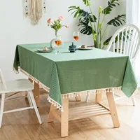 Plaid Decorative Tablecloth Pad Cotton and Linen Tassel Coffee Table Tablecloth Home Living Room Table Cover Towel Yellow Green