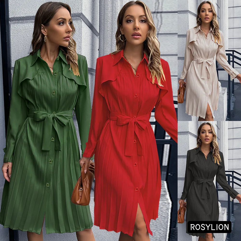 

Ladies Casual Windbreaker Style Long Dress Slim Pleated Button Dress with Belt European Style Womens Long Sleeve Green Top S-XXL