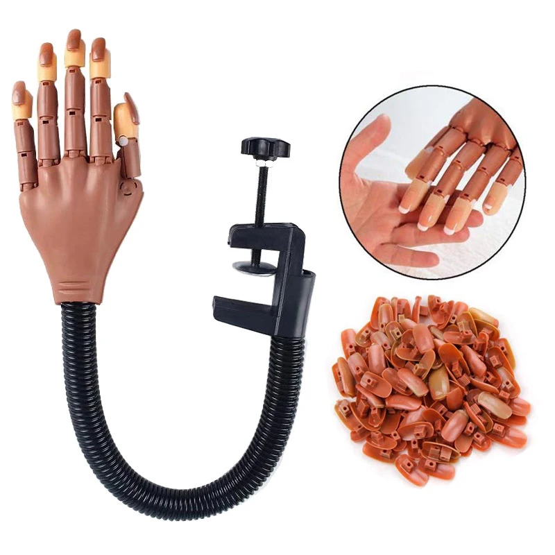 Adjustable Manicure Practice Hand+100pcs Nail Tips Nail Training Hand Model Reusable Nails Trainer Mannequin Bendable Finger