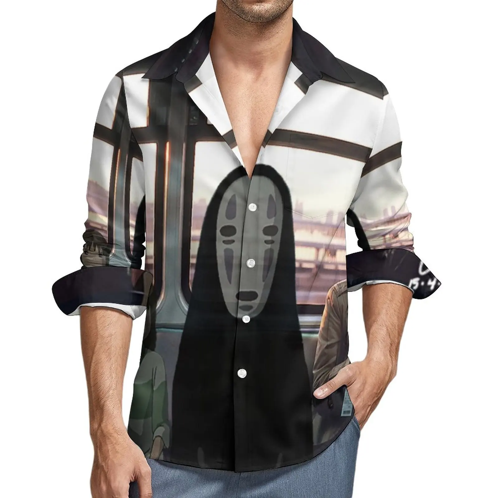 

Японские Аниме повседневные рубашки для мужчин Manga No Face рубашка с длинным рукавом Свободные стильные блузки весенняя одежда на заказ большо...