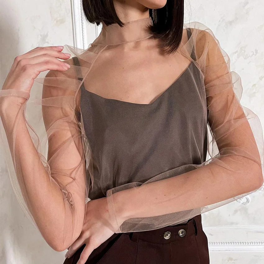 

Sexy See-through Puff Sleeve Mesh Underwire Crop Top For Women Brown Casual Long Sleeve Transparent T Shirt Party Club Female