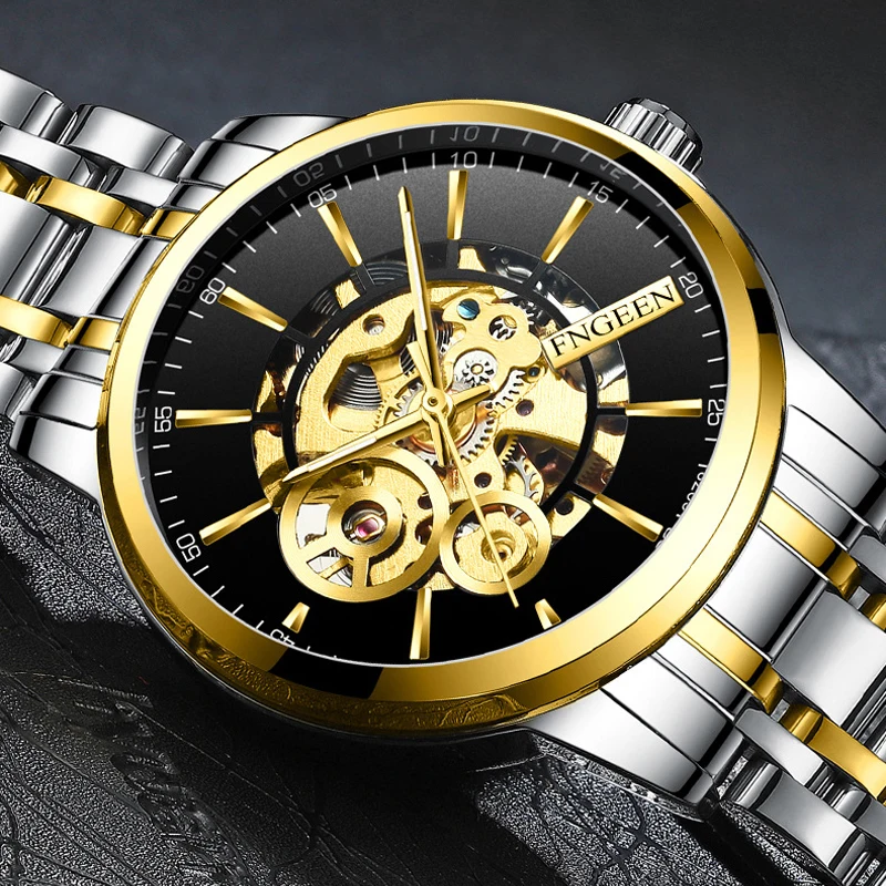 

FNGEEN Fashion Mens Watches Watch Luxury Gold Plated Skeleton Dial Waterproof Luminous Wear Resistant Mechanical Watch Steampunk