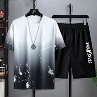 summer mens fashion gradient light color ultra thin sports oversized round neck sports and leisure sports mens 2 piece set