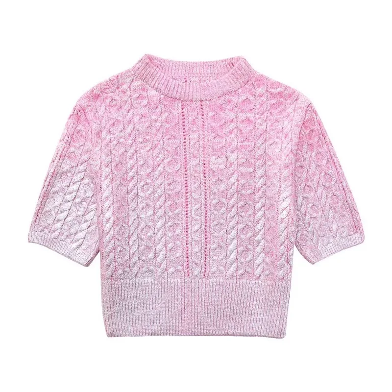 

New Women Round Neck Short Sleeved High Waisted Open Navel Short Sweater Trend Vacation Street Style