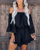 summer womens fashion off the shoulder bell sleeve hem casual vacation jumpsuit plain