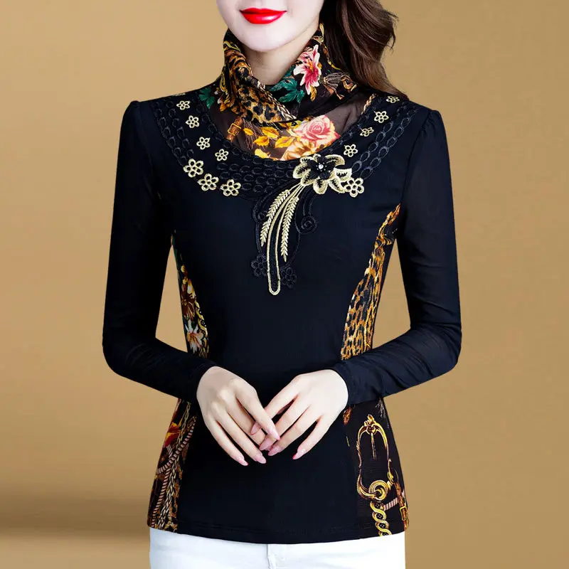 

2023 New Autumn and Winter Fashion High Neck Hollow Flower Slim Fit Long Sleeve Temperament Commuter Foreigner Mesh Women's Top