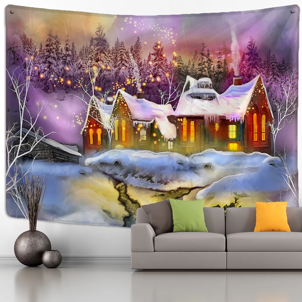 

Christmas Night Scene Tapestry Wall Hanging Cartoon Illustration Snow Landscape Tapiz New Year Home Decor