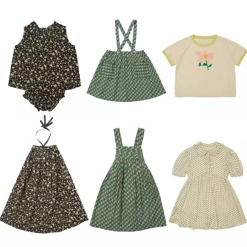 

22 Spring and Summer Cbc Girls Printed Bow Suspender Skirt Holiday Style Halter Dress Bubble Cotton Suit T-shirt