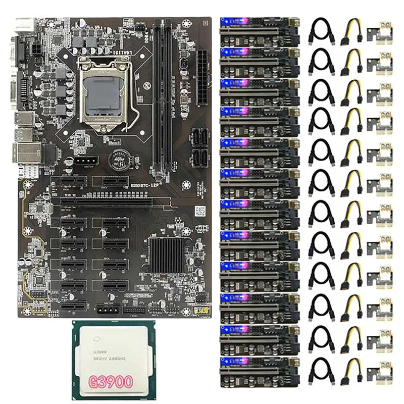 

NEW-B250 BTC Mining Motherboard with 12XVER010S Plus PCIE Riser Card+G3900 CPU LGA1151 DDR4 DIMM SATA3.0 12 PCIE GPU Slot