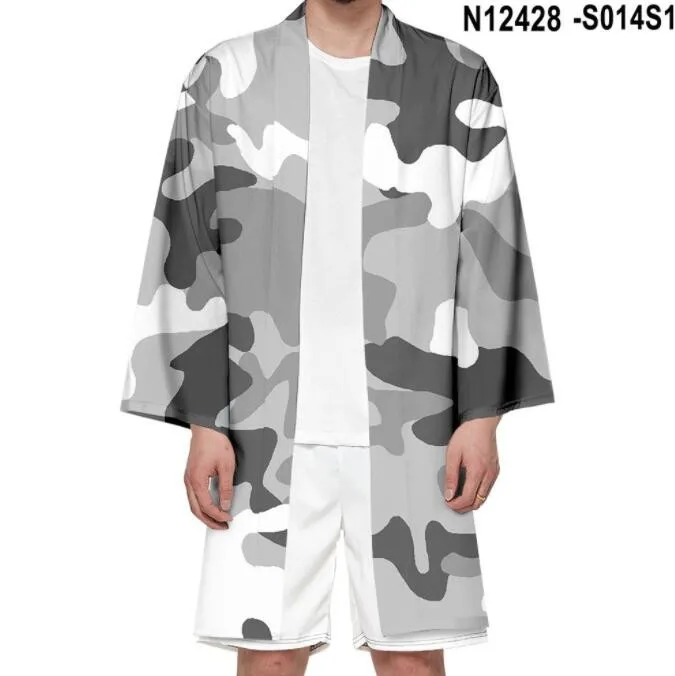 Men Print Camouflage Pattern Kimono Robe Summer Casual Loose Shirts Cardigan Home Bathrobe Chinese Style Large Size Coat