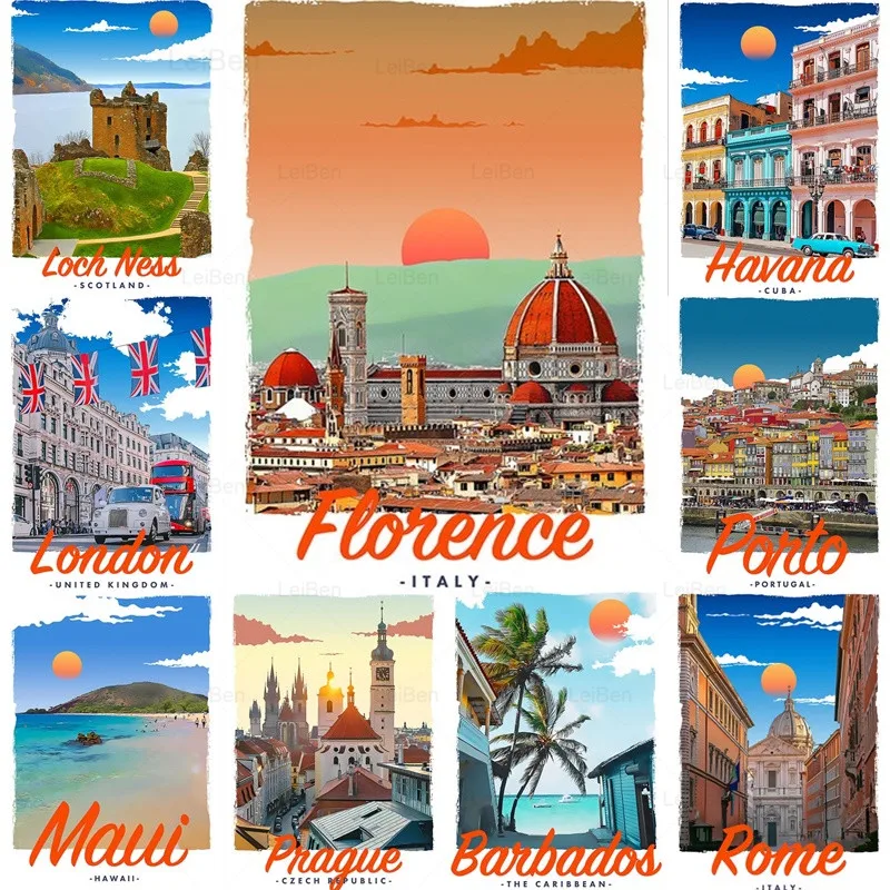 

Vintage Anime Travel City Poster Havana Italy London Rome Maui Canvas Paintings Wall Art Print Pictures for Living Room Decor