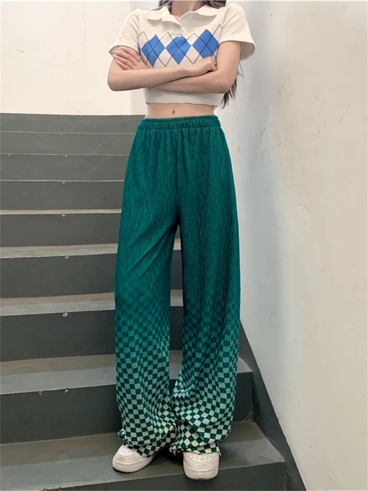 

Pleated Wide-leg Gradient Color Plaid Pants Women's Summer New Loose Straight Wave Pattern Mopping Casual Trousers Female