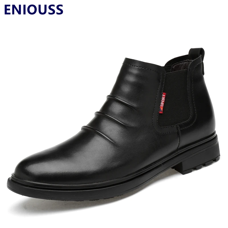

Черные мужские ботильоны на шнуровке ENIOUSS из натуральной кожи Plus 38-47, осенне-зимняя теплая Повседневная обувь на плоской подошве