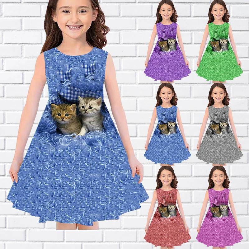 

2022 Sleeveless Cat Print Party Dress Little Girl Round Neck Fashion Summer Girl Everyday Comfort Dress Little Girl Loose Skirt