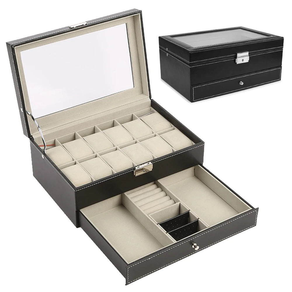 

12 ячеек, коробка для часов из искусственной кожи, коробка для хранения часов, органайзер, мужские часы, держатель для дисплея, чехол, кварцев...