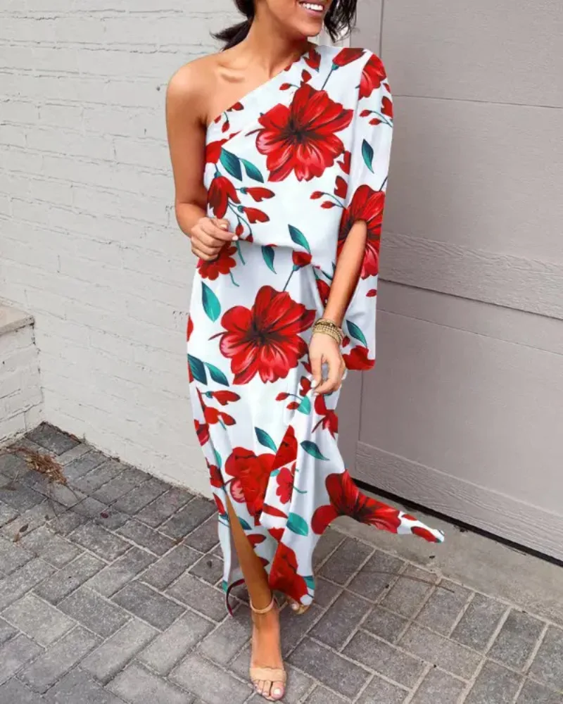 

2022 European And American Women's Dress Fashion Slanted Neck Printed Loose Slit Dress Temperament Commuter Elegant Dress Female