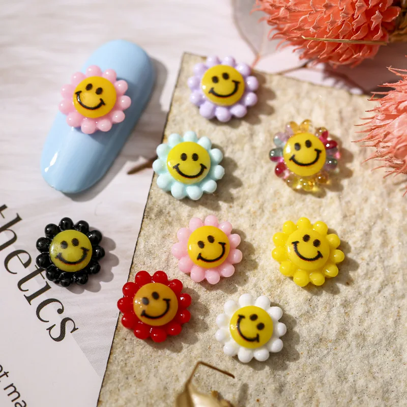 

50pcs Smiling face nail enhancement sunflower colorful cartoon net red three-dimensional relief resin nail decoration