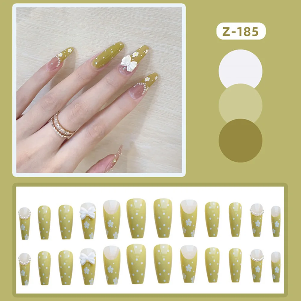 

24Pcs Glossy Olive False Nail Long White Bow Fake Nail For Women And Girl Kit Faux Ongle