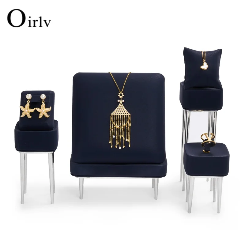 Oirlv Blue Metal Jewelry Display Stand for Ring Necklace Jewelry Storage Rack Shop Cabinet Exhibited Prop with PU Leather