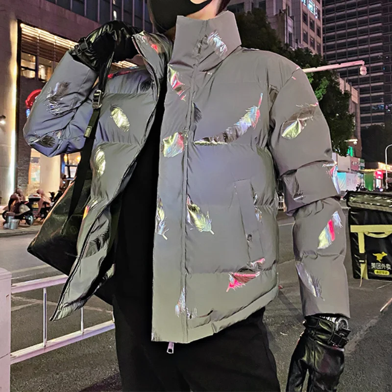 2022 Winter Reflective Print Men Puffer Parkas Thickened Warm Jackets Hiphop Overcoat Casual Social Windproof Coat Men Clothing