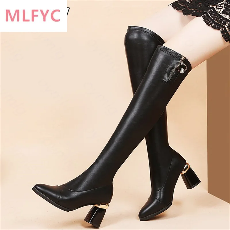 

Long boots women's over-the-knee boots 2022new autumn winter high-heeled leather boots pointed toe thick heel elastic thin boots