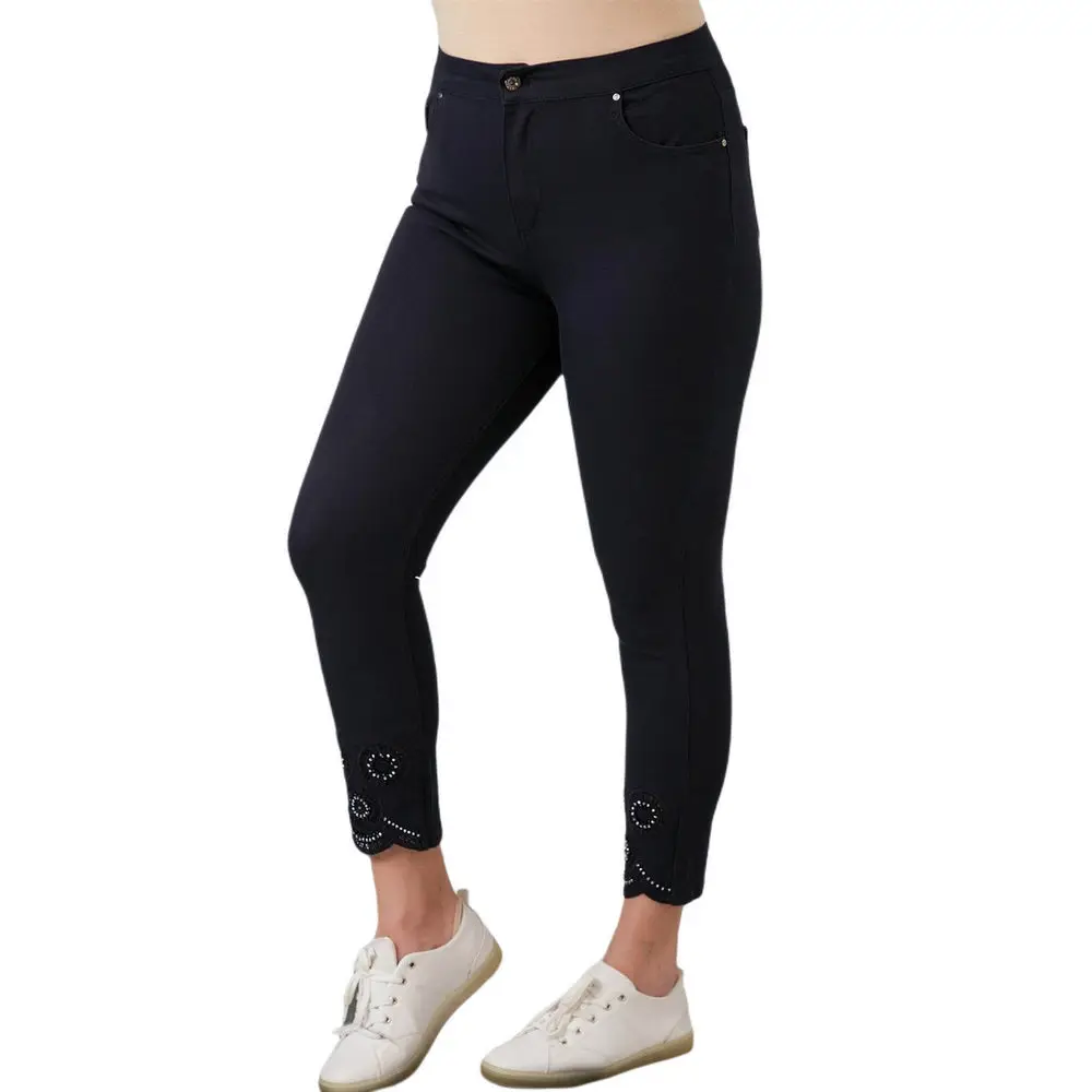 Fierte Women Plus Size Pants Rg1519 Canvas High Waist Tight Trotting Diamond Detail Sports Pocket Spring Summer Casual