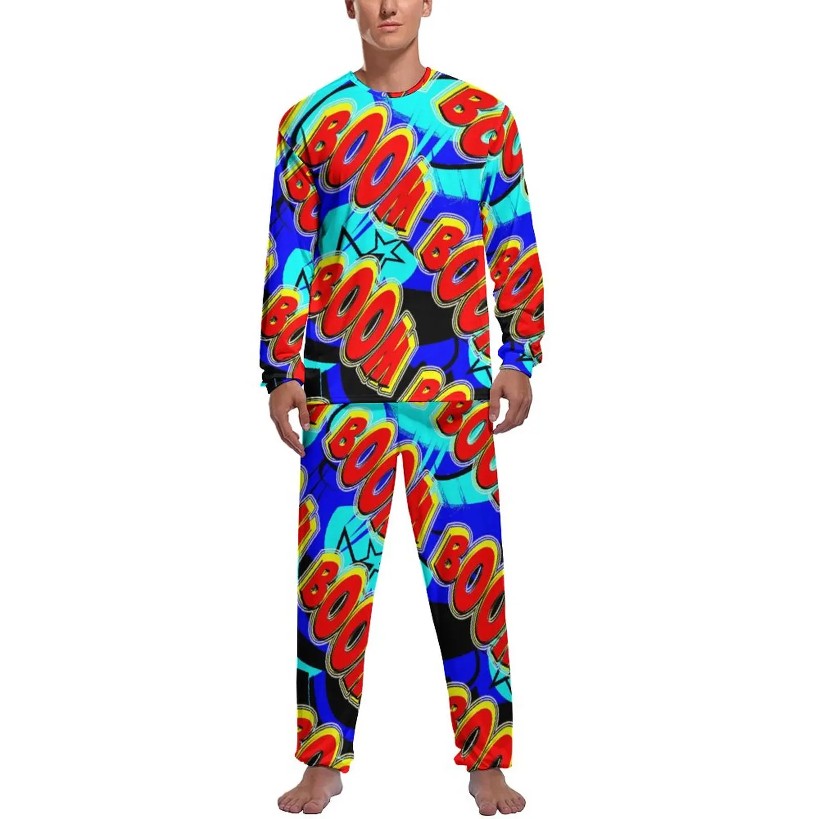 Boom Letter Print Pajamas Long Sleeve Pop Art 2 Piece Casual Pajama Sets Autumn Male Graphic Lovely Nightwear