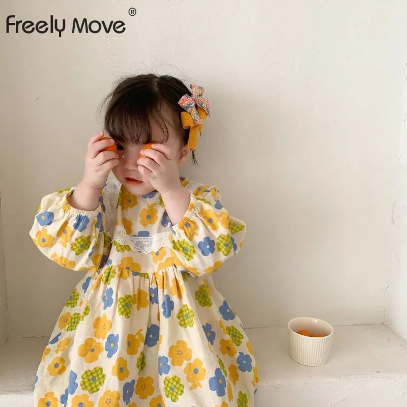 

Freely Move Children Clothes 2022 Autumn New Cotton Korea Casual Floral Lace O Neck Puff Sleeve Sweet Lovely Dress For Girls