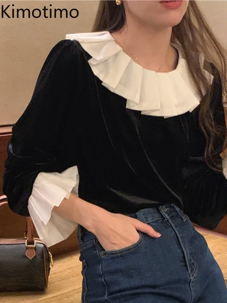 

Kimotimo Ретро вельветовые рубашки женские весенние новые цветные плиссированные дизайнерские топы с лацканами французская блузка с расклеше...