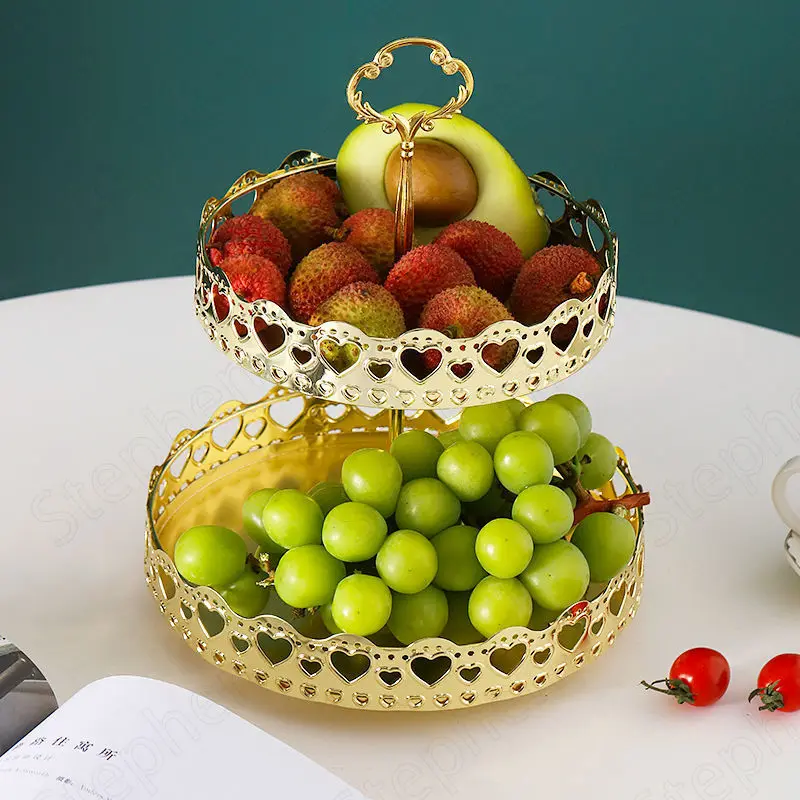 Golden Hollow Double Layer Cake Stand Nordic Light Luxury Fruit Snacks Tray Wedding Decoration Gilded Metal Trays Decorative | Дом и сад