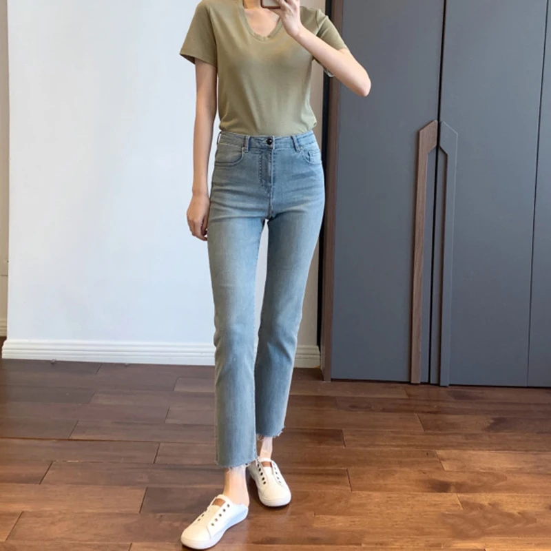 

Брюки женские с высокой талией, джинсы с бахромой, прямые штаны, повседневные хлопковые брюки из денима