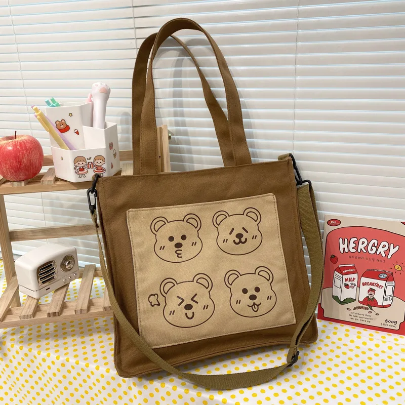 

New Arrival Shoulder Bag for Women Casual Canvas Crossbody Student Bookbag Cute Bear Print Handbag Totes Girls Purse