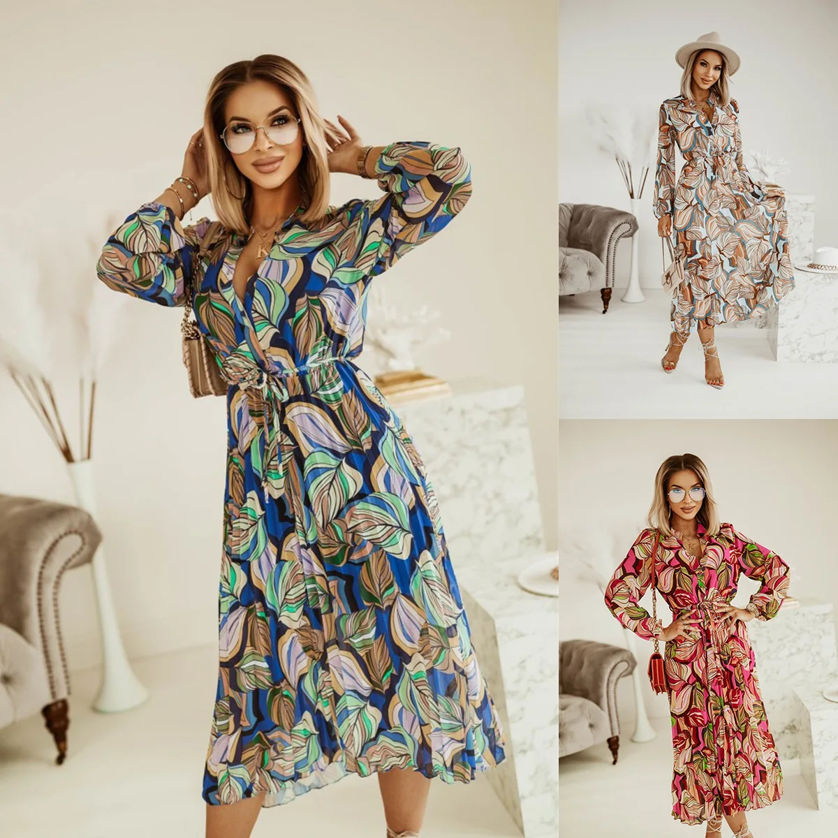 

Sexy V Neck Boho Lantern Long Sleeve Beach Dress Elegant Print Chiffon Retro Female Dress Fashion Lace-up Pleated Party Dresses