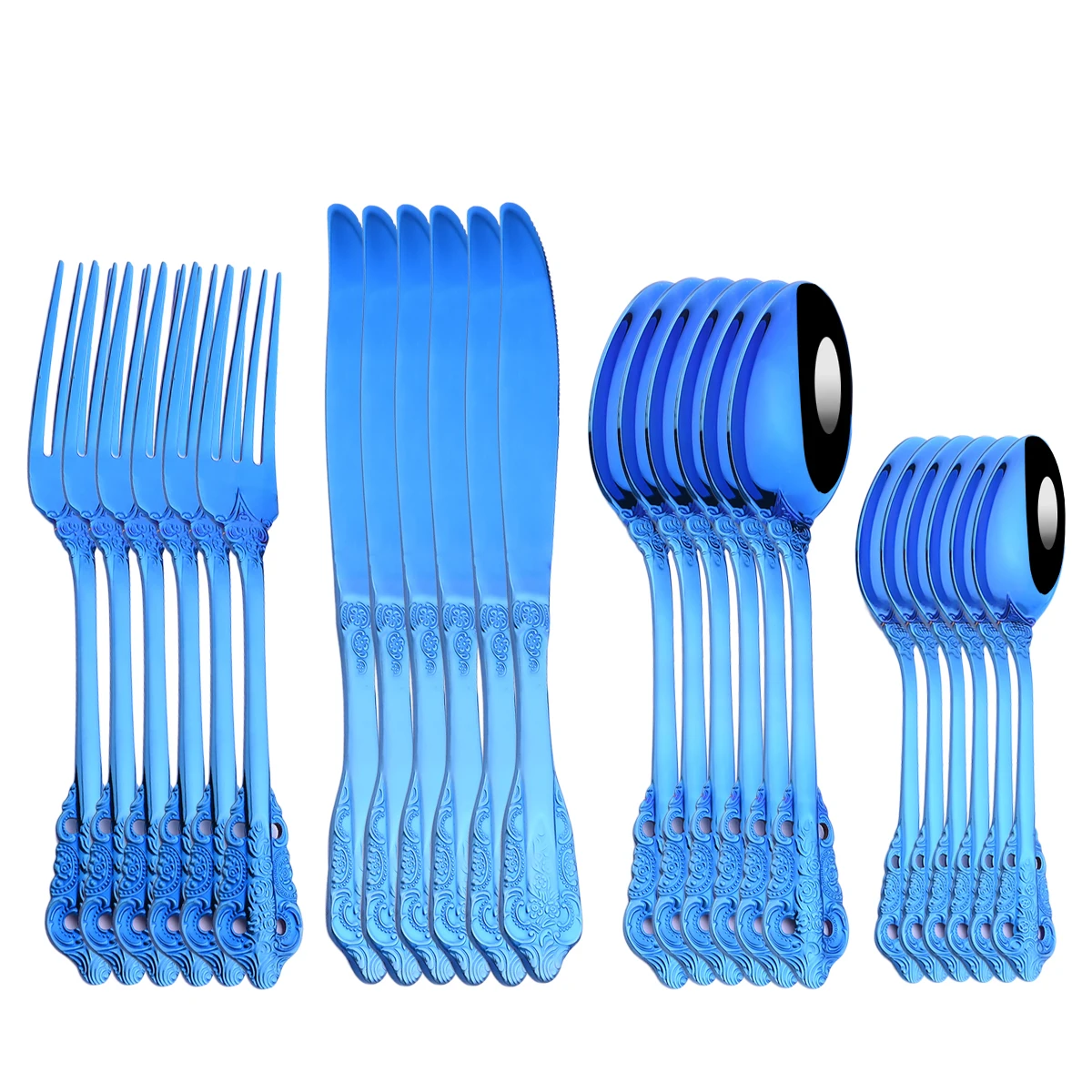 24PCS Stainless Steel Cutlery Knife Fork Spoon Tableware Set Blue Dinnerware Set Kitchen Dinner Flatware Mirror Silverware
