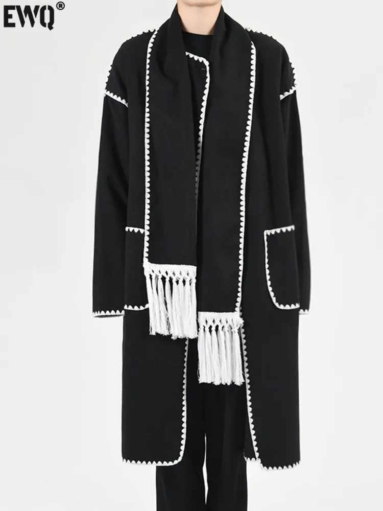 

[EWQ] Embroidery Woolen Long 110 CM Coat Women Pocket Overcoats Female Elegant Thin Kaschmir Mantel Outerwear 2023 Autumn A5631