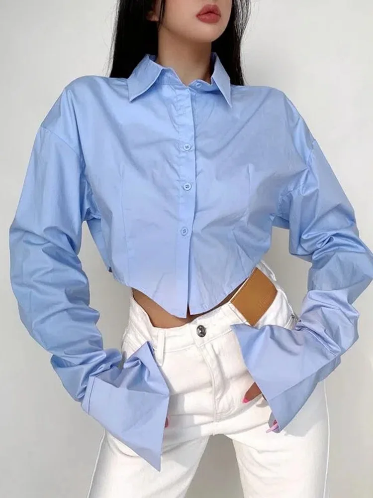 

Jmprs Fashion Women Shirts Solid Long Sleeve Button Up Crop Tops White Designed Turn Down Collar Office Ladies Shirts New