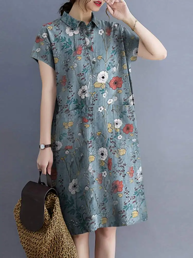 

ZANZEA Summer Women Elegant Dress Short Sleeve Lapel Button Sundress Bohemian Floral Printing Casual Loose Beach Vintage Dresses