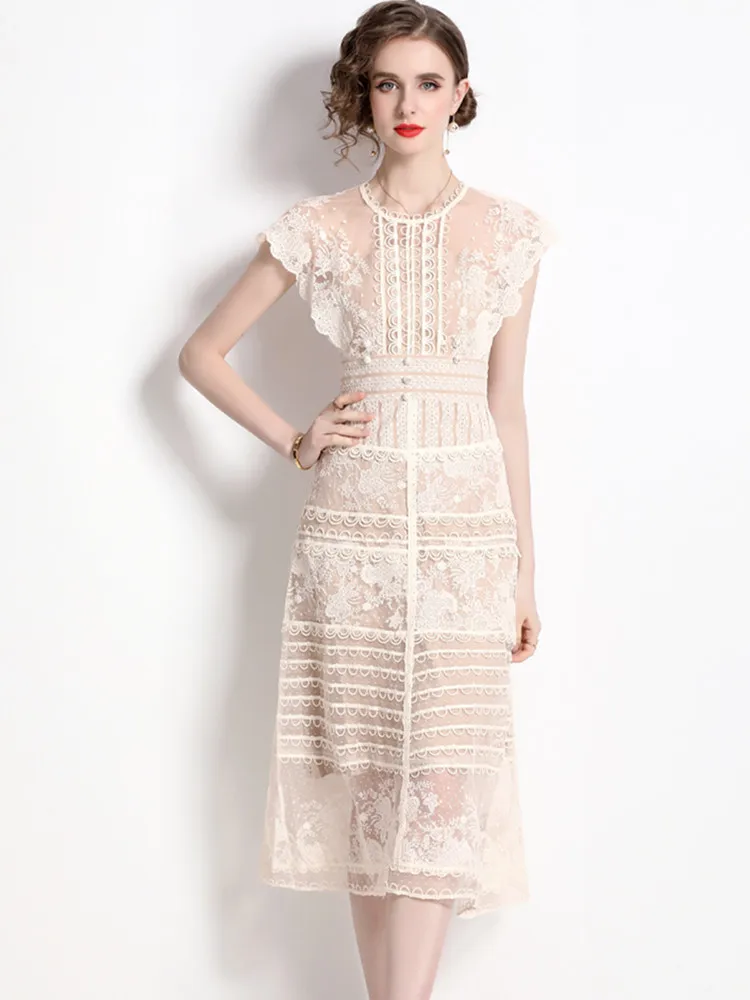 Женское Сетчатое платье средней длины элегантное подиумное кружевное в стиле