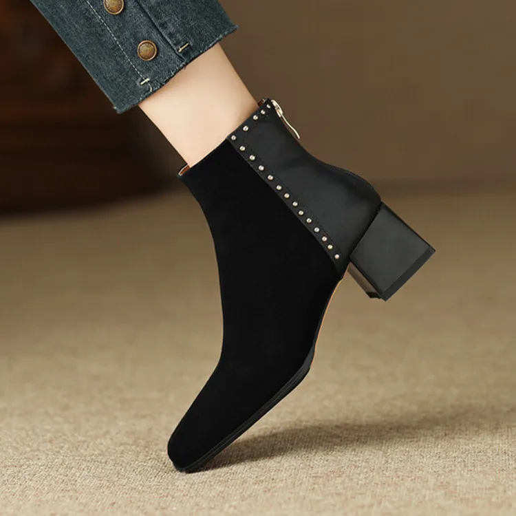 

Classical Design Women Ankle Boots Square Toe Shallow Autumn Short Botas Black Suede Studded Med Heels Chelsea Botines Femmes