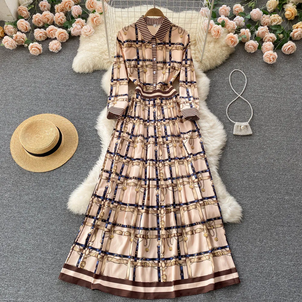 

D572 Women 2022 New Fashion Spring Autumn Slim Print Feminine A-line Dress Elegant Korean Clothing Vestidos