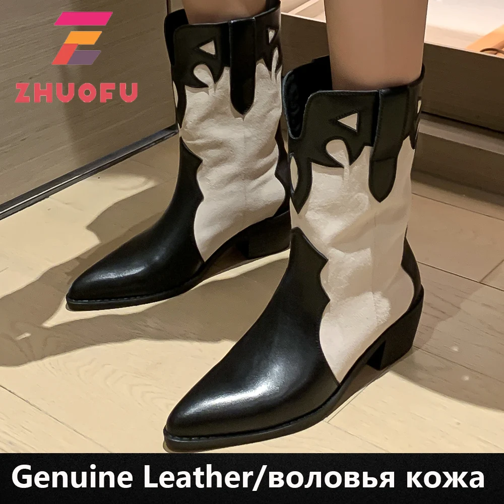 

ZHUOFU Genuine Leather Motorcycle Boots Pointed Toe Thick Heels Shoes Woman Winter Lady Mixed Colors Mid-Calf Pumps