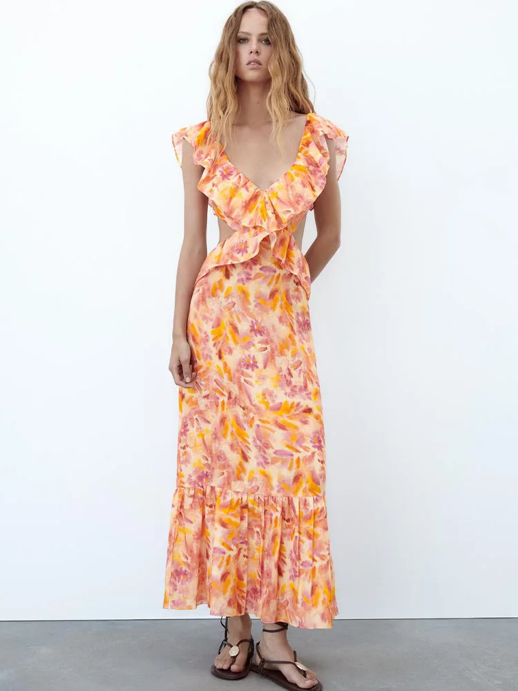 

Женское многоцветное платье-миди без рукавов, с V-образным вырезом и открытой спиной