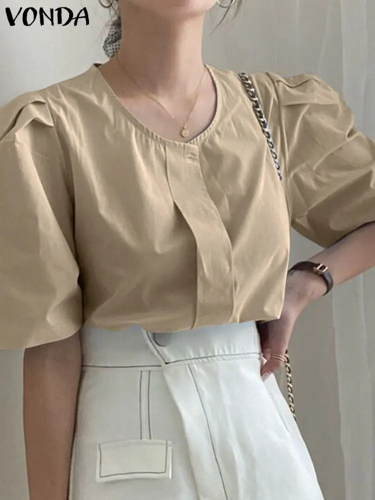 

Модная женская летняя рубашка VONDA Y2K, женские повседневные короткие Однотонные блузки с коротким рукавом и круглым вырезом, плиссированные ...