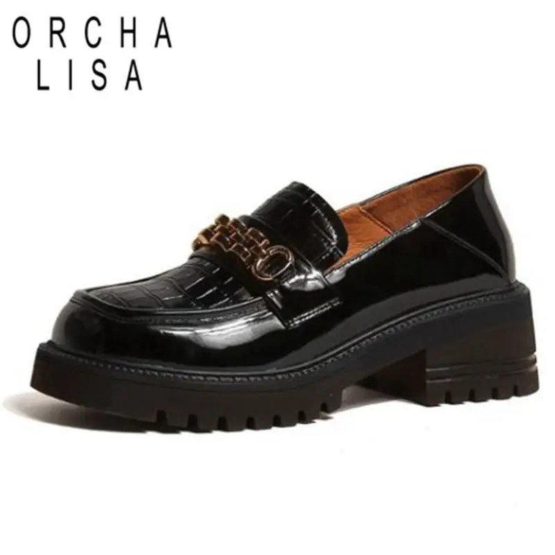

ORCHA LISA Full Grain Genuine Leather Loafers 2022 Lady Pumps Round Toe Metal Decoration Plaid Slip On Fashion Casual S3796